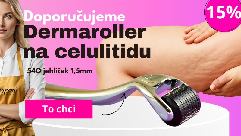 Dermaroller na celulitidu s 15% slevou, vhodný pro profesionální i domácí použití, vedle detailu ženského stehna s viditelnou celulitidou.